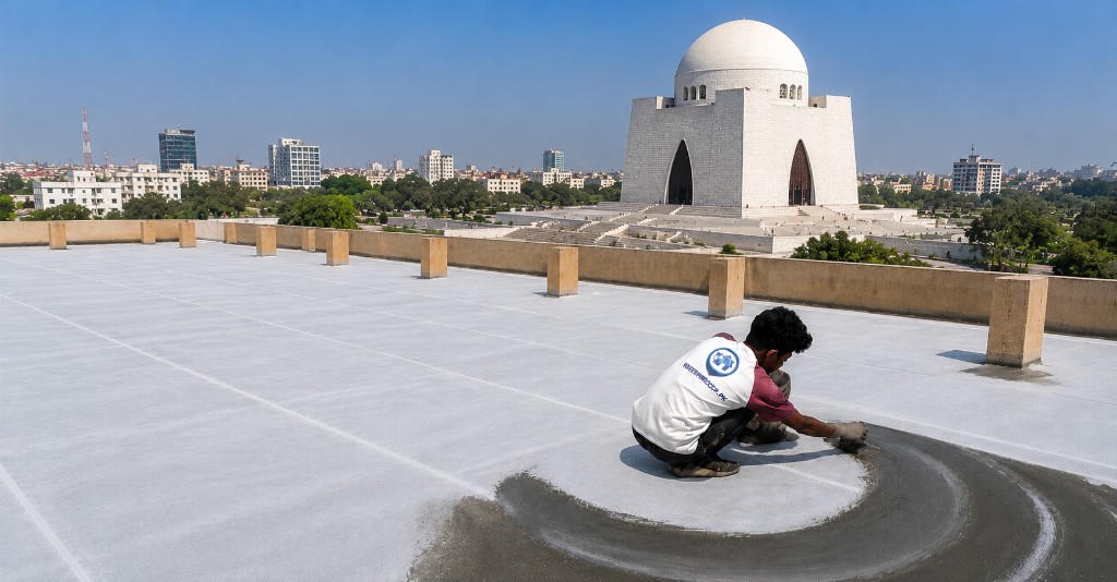 Waterproof.PK technician applying roof waterproofing on a Karachi rooftop with Mazar-e-Quaid in the background